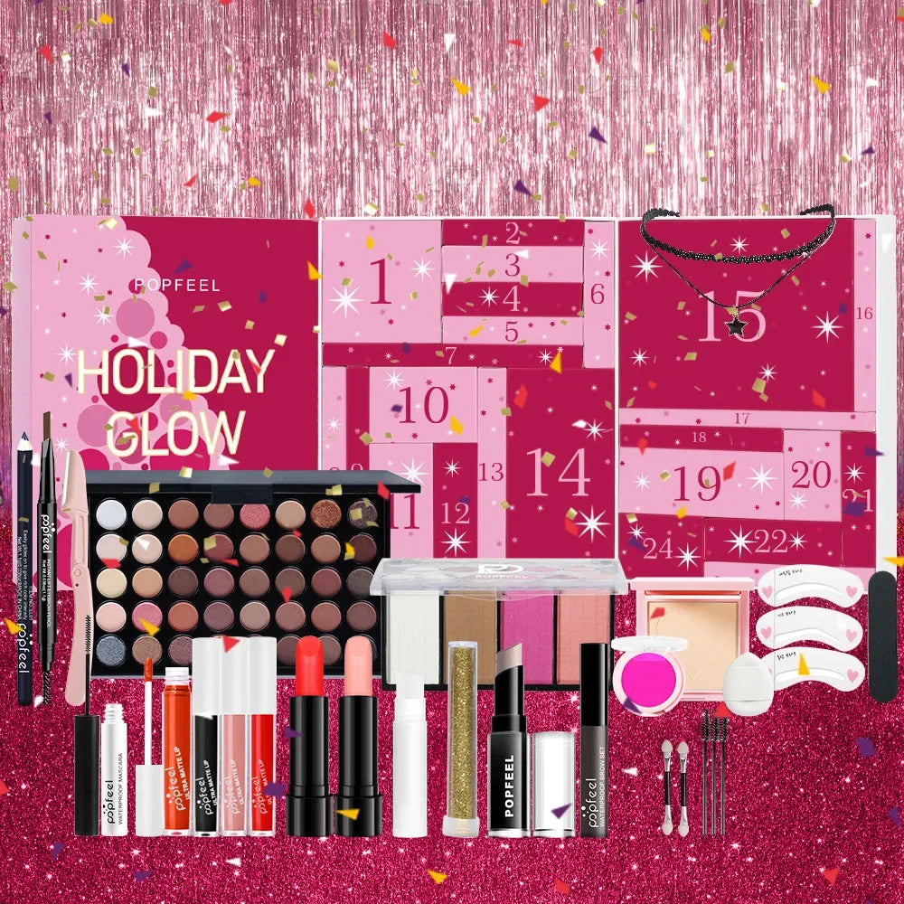 Calendario de Adviento de Maquillaje BB Bellezachic con 24 piezas, mostrando diferentes productos de belleza en la caja abierta.