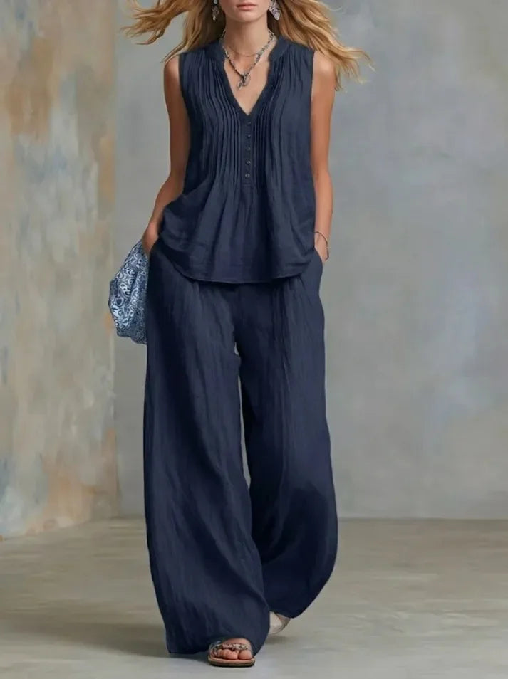 Conjunto Office Chic | Top Sin Mangas Escote V + Pantalón Wide Leg Talle Alto