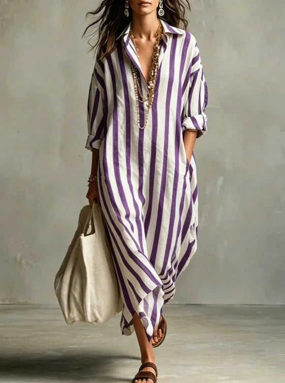 Vestido Camisero Largo Rayas | Escote V · Oversize
