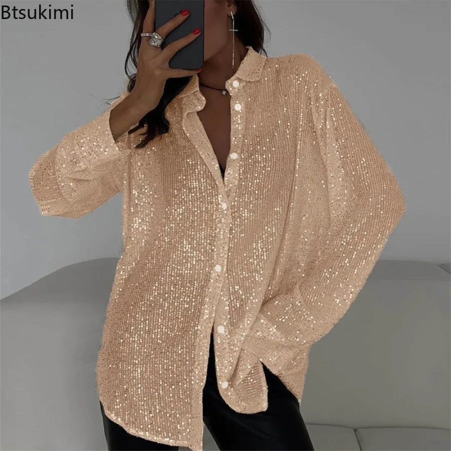 Camisa de lentejuelas de manga larga de la marca BB Bellezachic, con detalles brillantes y estilo elegante.