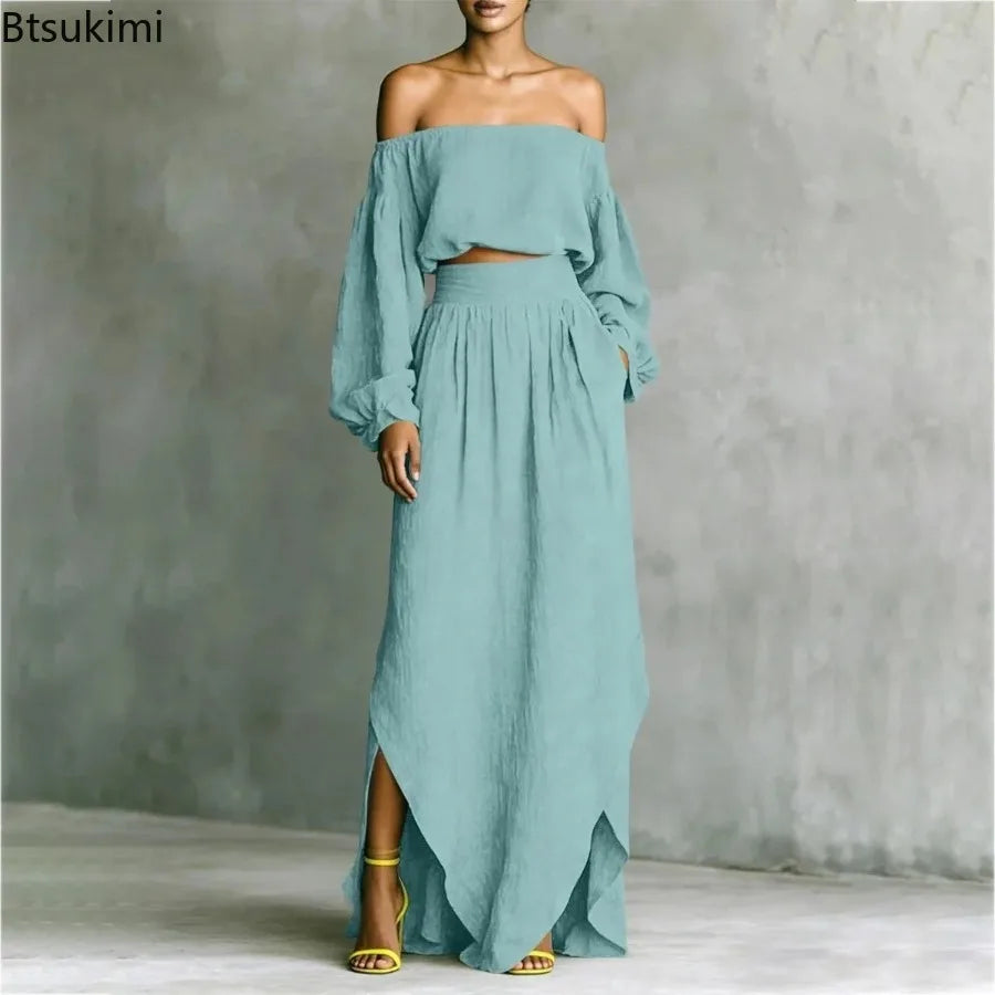Conjunto de top con hombros descubiertos y falda midi de BB Bellezachic, ropa de moda para mujer.