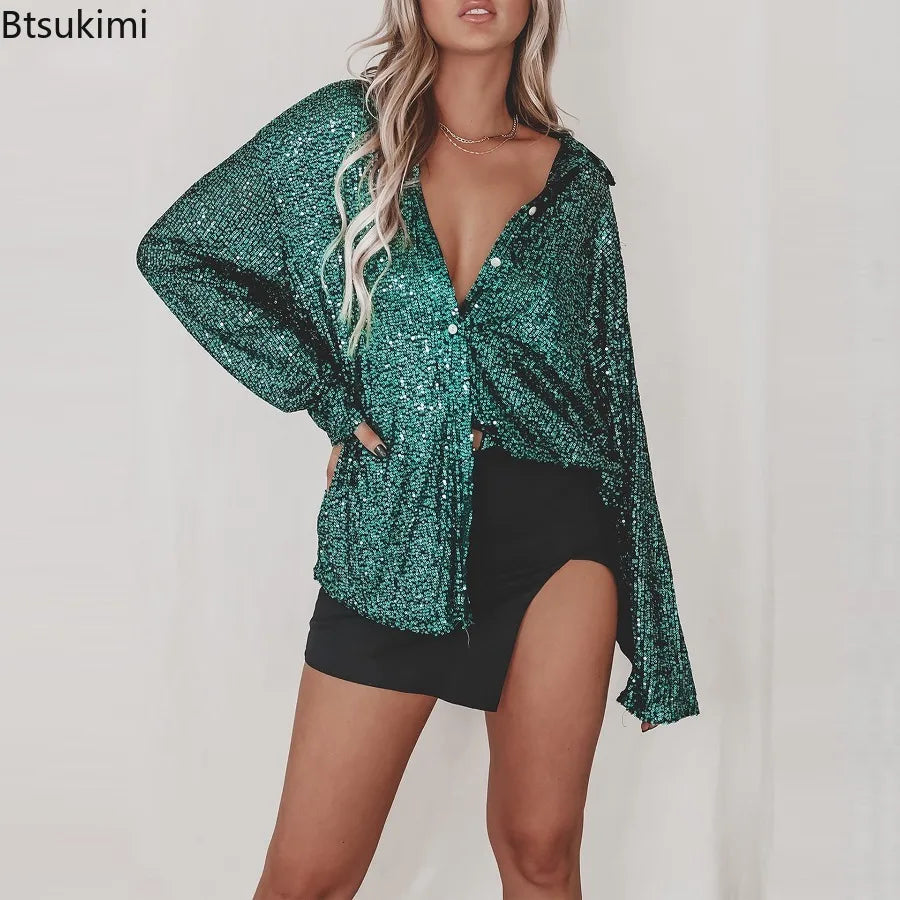 Camisa de lentejuelas de manga larga de BB Bellezachic, blusa brillante con detalles de lentejuelas, ideal para ocasiones especiales.