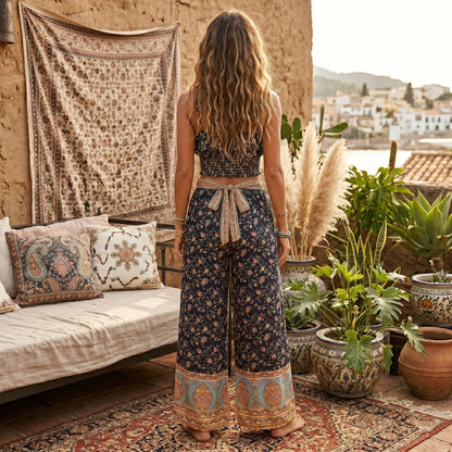 Conjunto Boho Negro Floral de 2 Piezas