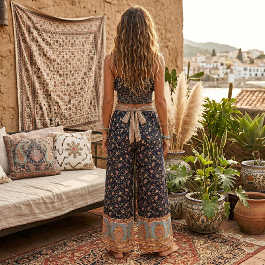 Conjunto Boho Negro Floral de 2 Piezas