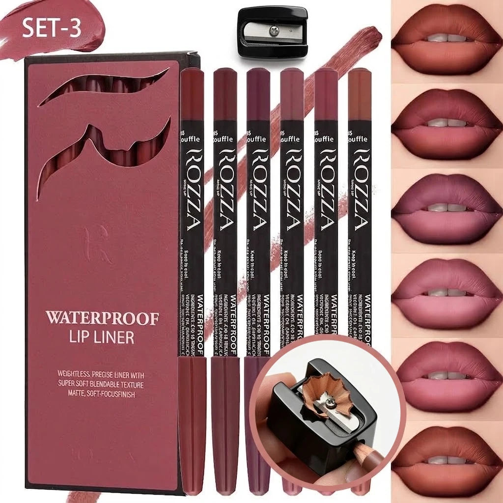 Set de 7 perfiladores de labios BB Bellezachic con sacapuntas, en variedad de tonos, para delinear y definir labios.