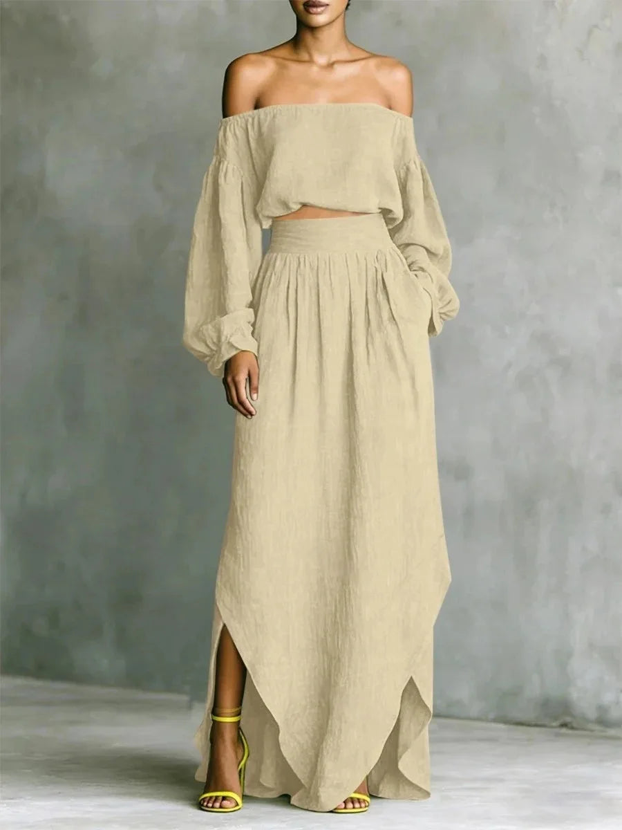 Conjunto de top con hombros descubiertos y falda midi de BB Bellezachic, ropa elegante y moderna para mujer.