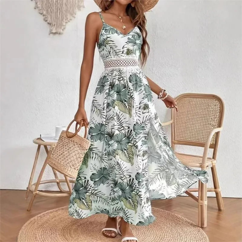 Bohemian Mode Bedrucktes A-Linien-Kleid Damen Sommer Sexy V-Ausschnitt Trägerkleid Damen Schlitz Saum Lässige Strandurlaubskleider