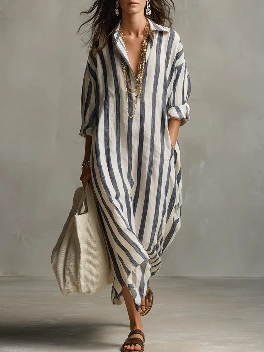 Vestido Camisero Largo Rayas | Escote V · Oversize