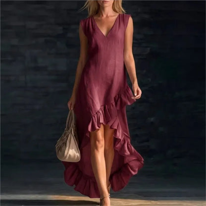 Vestido Largo Asimétrico Chic | Escote V · Volantes · Sin Mangas