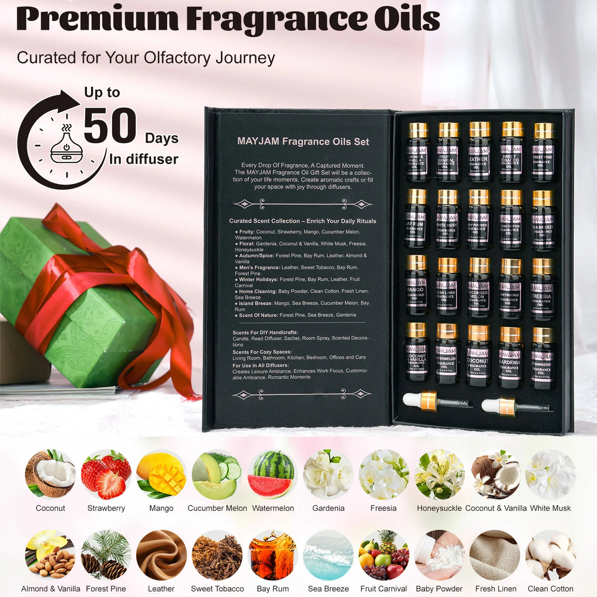 Set de 20 aceites de 5 ml de BB Bellezachic en caja de regalo, presentación con frascos pequeños y etiqueta en cada uno.