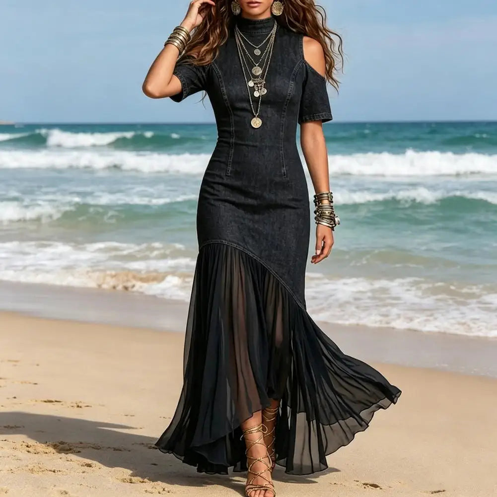 2026 Mesh Patchwork Mock Neck Jeans Midi Dress Modern Denim Dress Look Women Denim Dress Short Sleeve Cutout A-Line Swing Dress