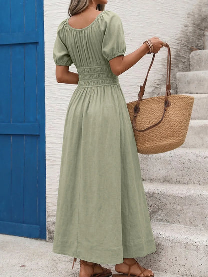 Vestido Elegante Manga Abullonada™ – Cuello Cuadrado y Cintura Alta
