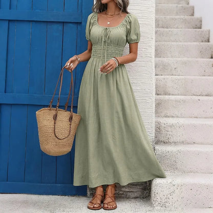 Vestido Elegante Manga Abullonada™ – Cuello Cuadrado y Cintura Alta