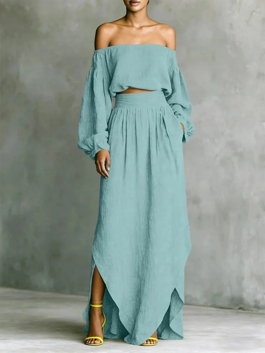 Conjunto de top con hombros descubiertos y falda midi de BB Bellezachic, en tonos suaves, ideal para verano y eventos casuales.
