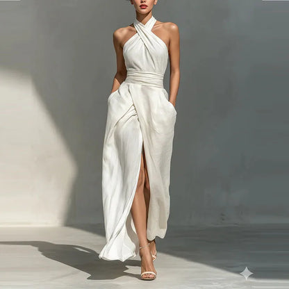 Women's Sexy Off-Shoulder High Waist Long Dress Spring Criss-Cross Halter Hollow Boho Dress Summer Sleeveless Vacation Beach Dress