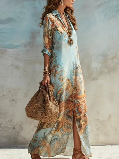 Vestido Camisero Chifón Estampado | Cuello Vuelto · Boho Vintage · Verano 2026
