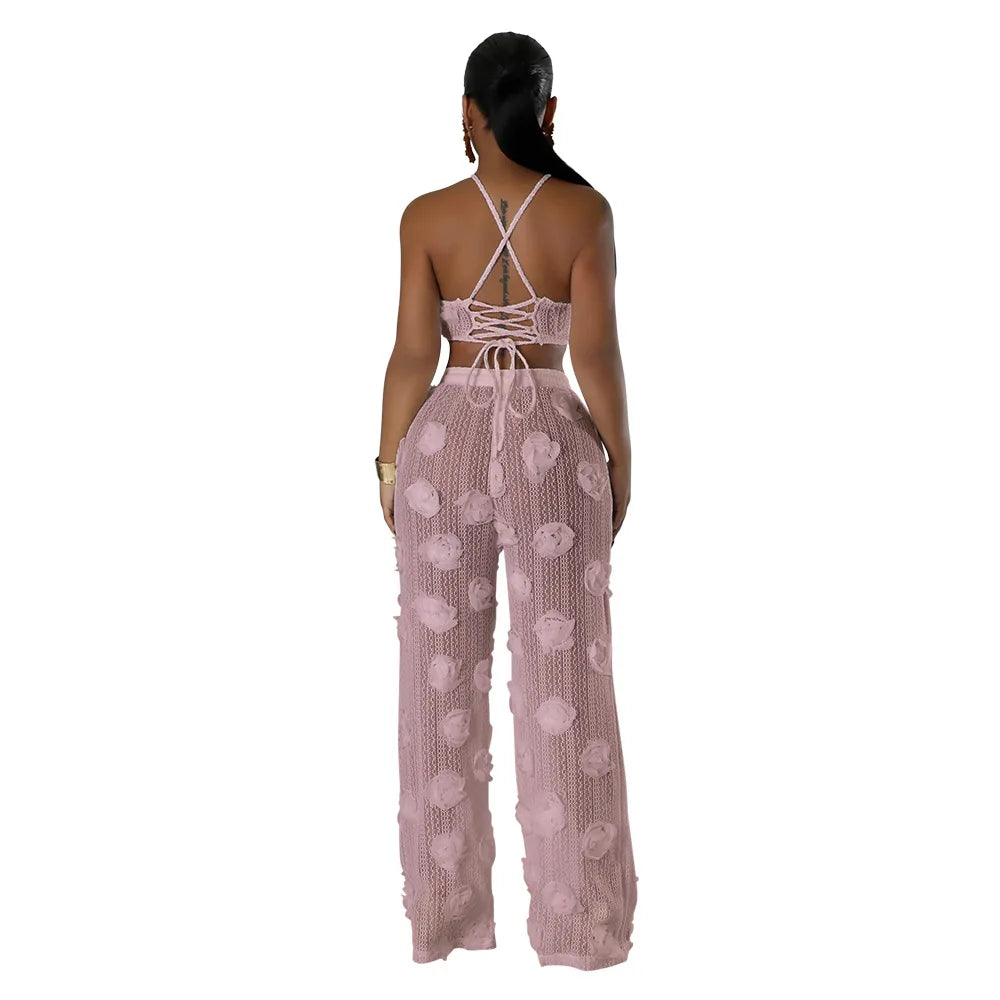 Conjunto 2 Piezas Crop Top Floral y Pantalón Wide-Leg