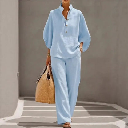 Conjunto Elegante Office | Top Cuello Mao Botones + Pantalón Wide Leg Talle Alto