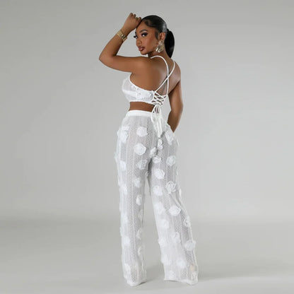 Conjunto 2 Piezas Crop Top Floral y Pantalón Wide-Leg