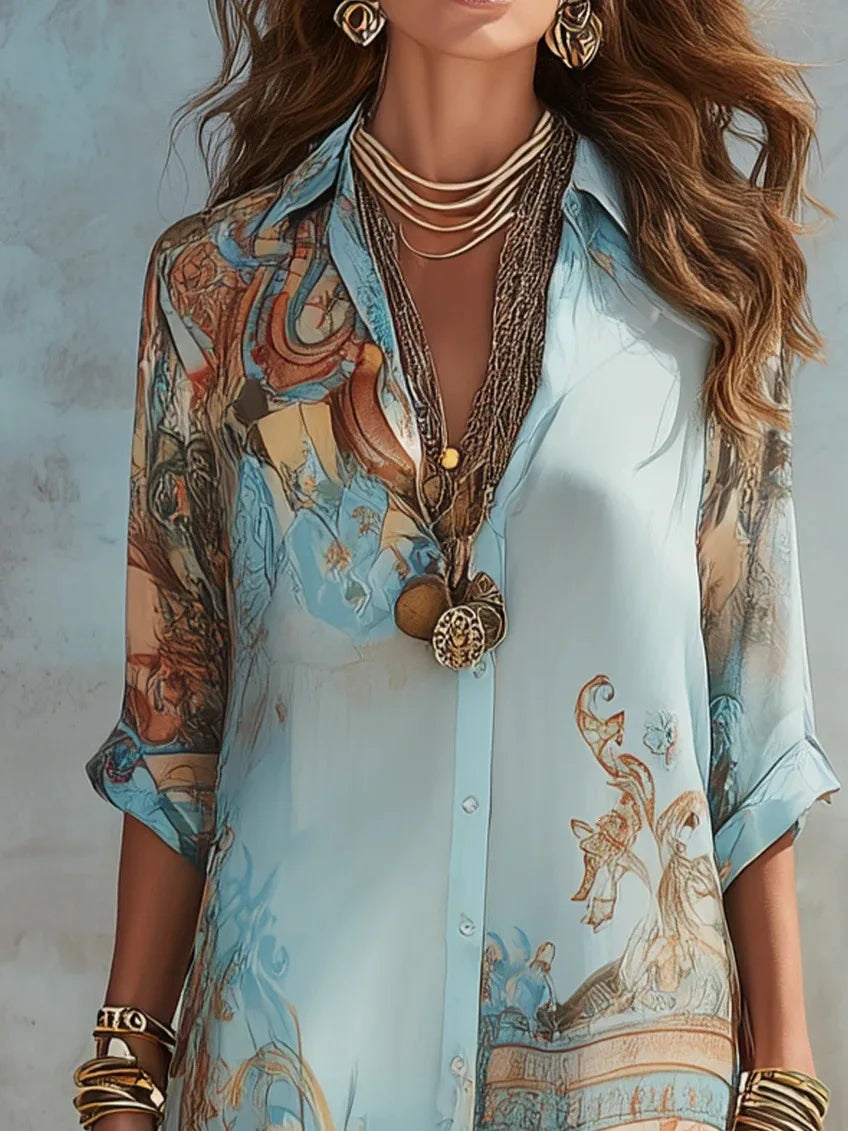 Vestido Camisero Chifón Estampado | Cuello Vuelto · Boho Vintage · Verano 2026
