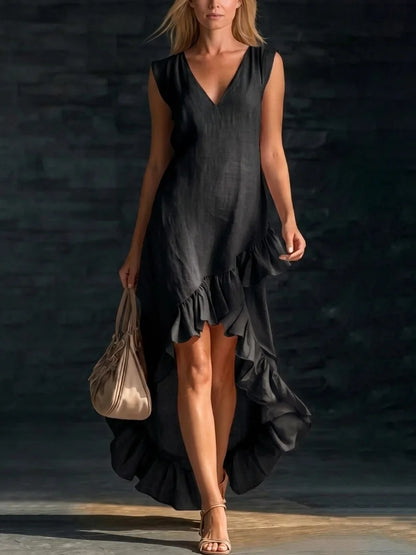 Vestido Largo Asimétrico Chic | Escote V · Volantes · Sin Mangas