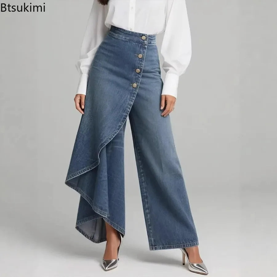 Pantalón de pierna ancha con efecto denim de BB Bellezachic, vista frontal mostrando el estilo casual y cómodo.