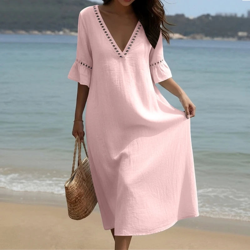 Vestido Maxi Lino Mujer | Cuello V Manga Corta Corte Holgado