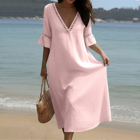 Vestido Maxi Lino Mujer | Cuello V Manga Corta Corte Holgado