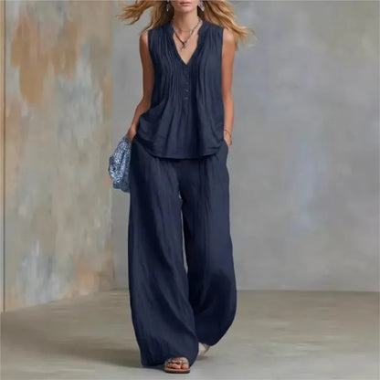 Conjunto Office Chic | Top Sin Mangas Escote V + Pantalón Wide Leg Talle Alto
