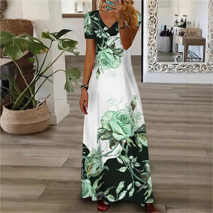 Lässiges Damen-Maxikleid mit Blumenmuster, sommerliches Kurzarmkleid mit V-Ausschnitt, lockere Kleider für Damen im Hot Style, Temperament Vestidos