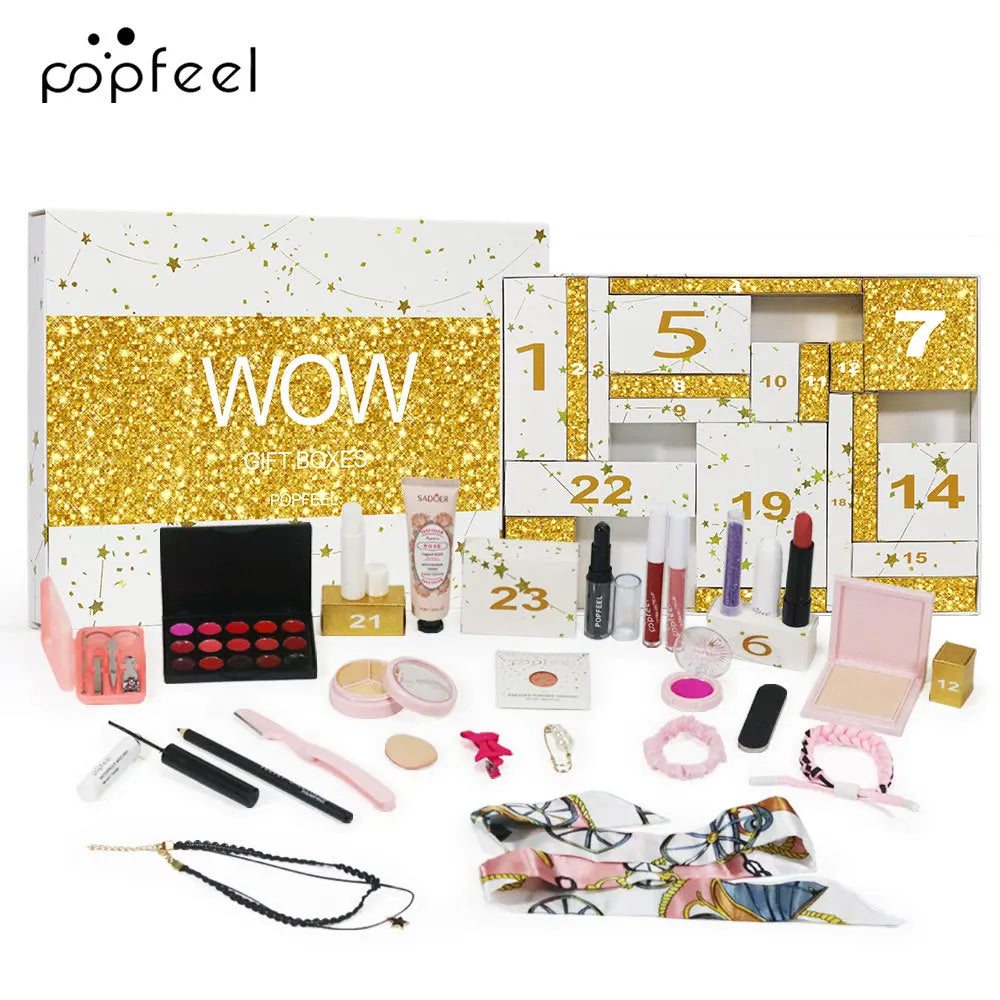 Calendario de Adviento de Maquillaje BB Bellezachic con 24 días, mostrando las cajas numeradas y productos de belleza en el interior.