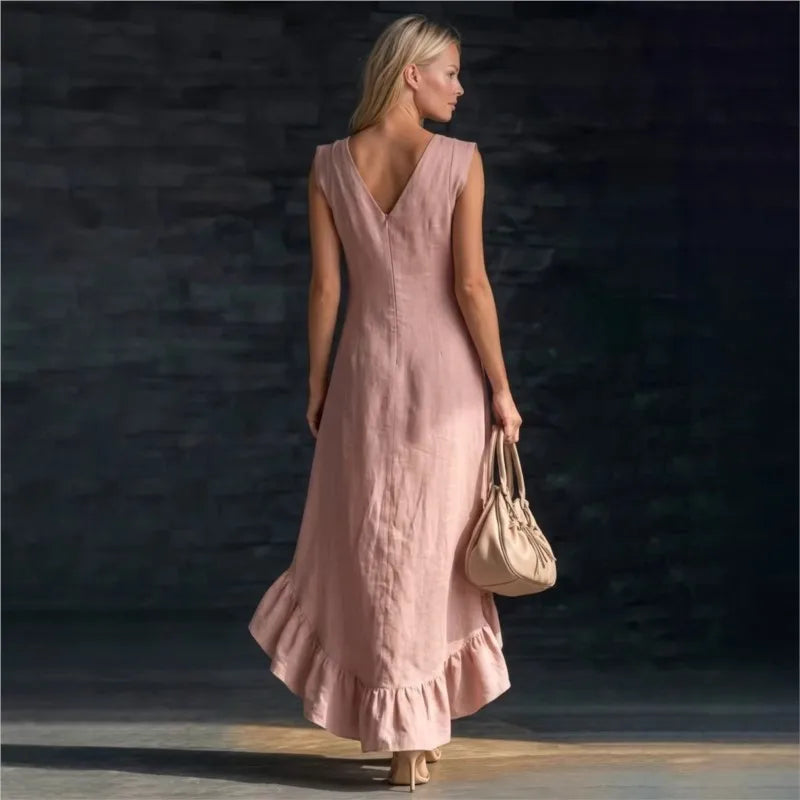 Vestido Largo Asimétrico Chic | Escote V · Volantes · Sin Mangas