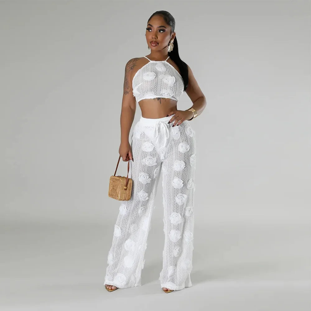 Conjunto 2 Piezas Crop Top Floral y Pantalón Wide-Leg