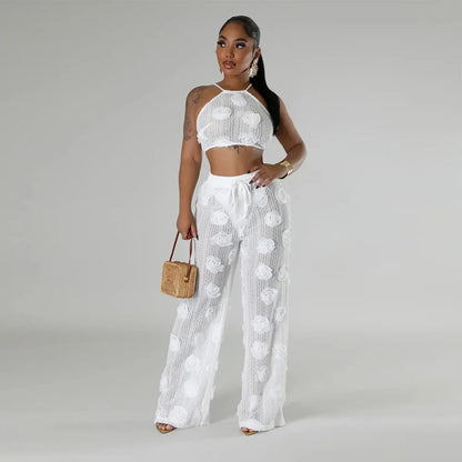 Conjunto 2 Piezas Crop Top Floral y Pantalón Wide-Leg