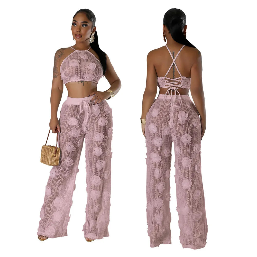 Conjunto 2 Piezas Crop Top Floral y Pantalón Wide-Leg