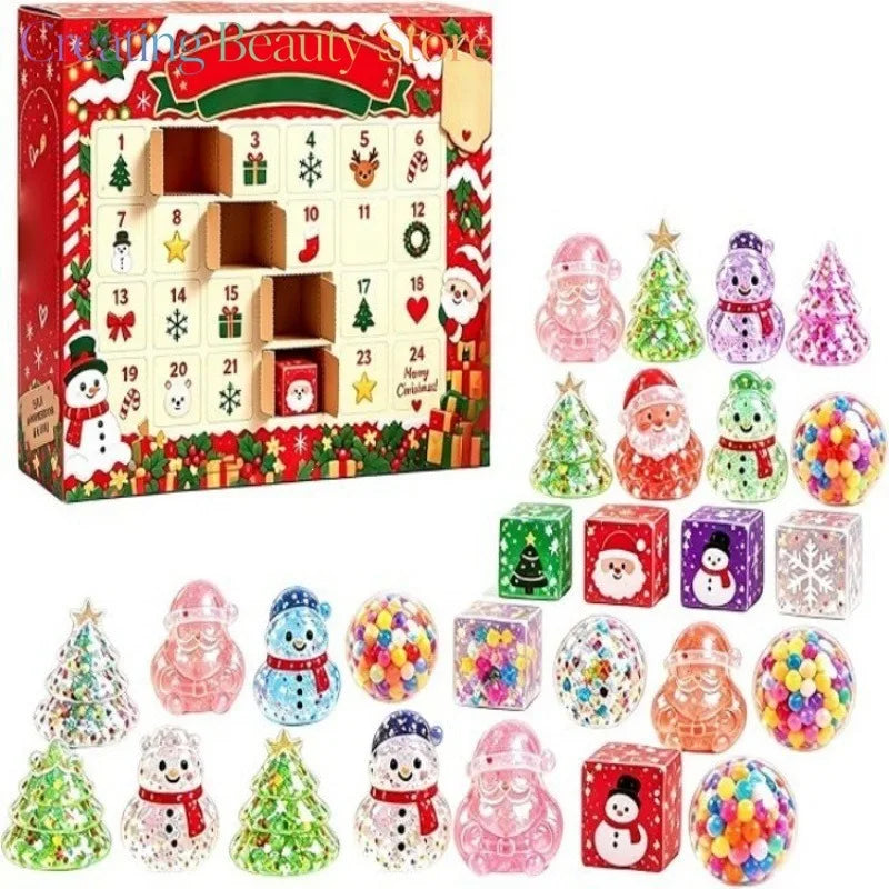 Calendario de Adviento BB Bellezachic con 24 figuras squishy mochi en colores pastel y formas divertidas para Navidad.
