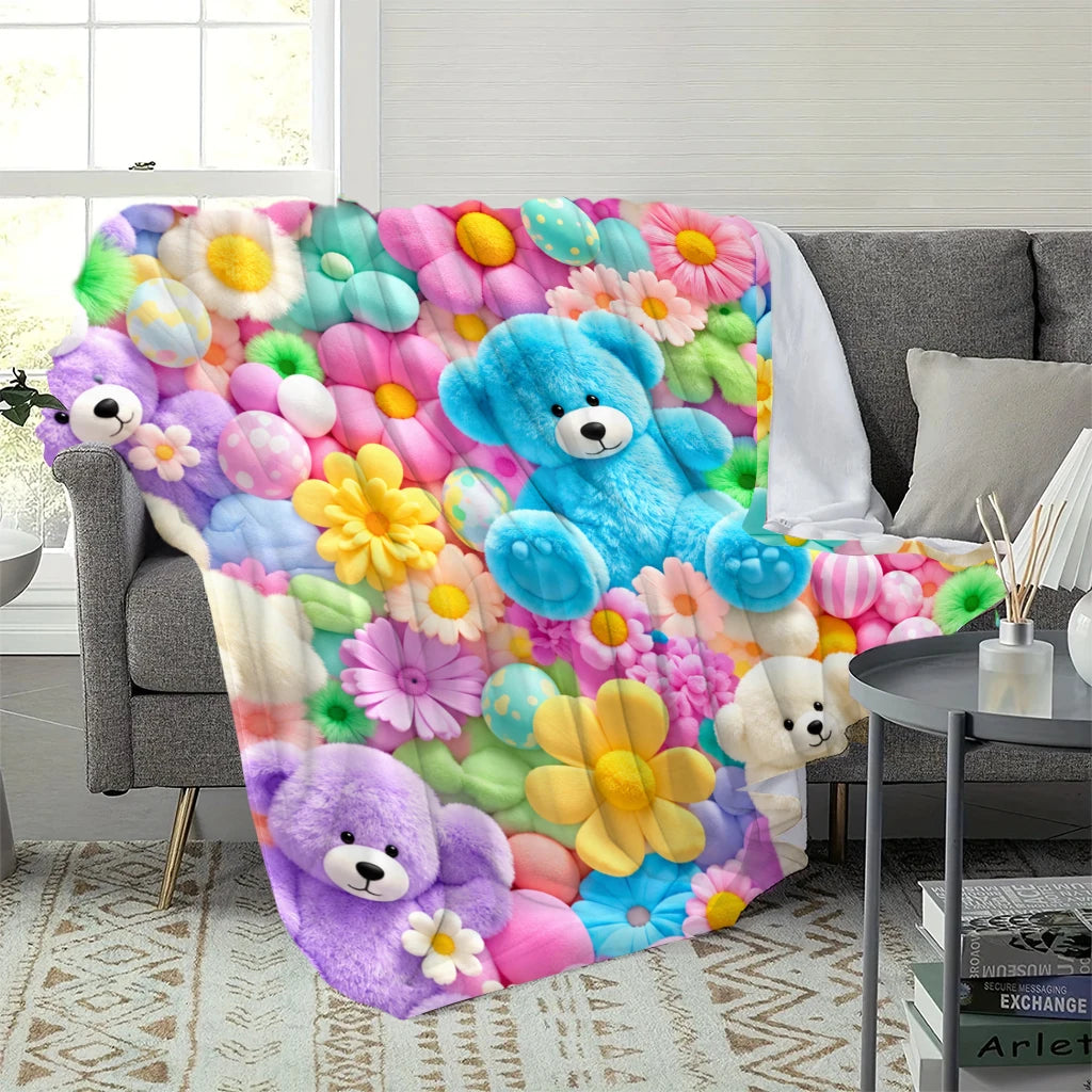 Manta suave de ositos y flores de BB Bellezachic, con diseño tierno y colores pastel, perfecta para bebé.