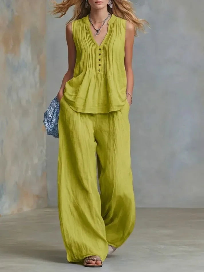 Conjunto Office Chic | Top Sin Mangas Escote V + Pantalón Wide Leg Talle Alto