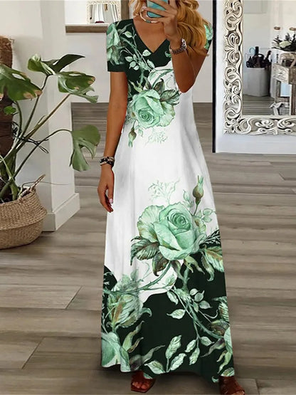 Lässiges Damen-Maxikleid mit Blumenmuster, sommerliches Kurzarmkleid mit V-Ausschnitt, lockere Kleider für Damen im Hot Style, Temperament Vestidos