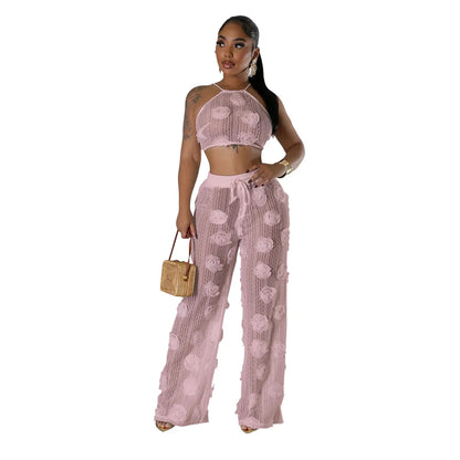 Conjunto 2 Piezas Crop Top Floral y Pantalón Wide-Leg