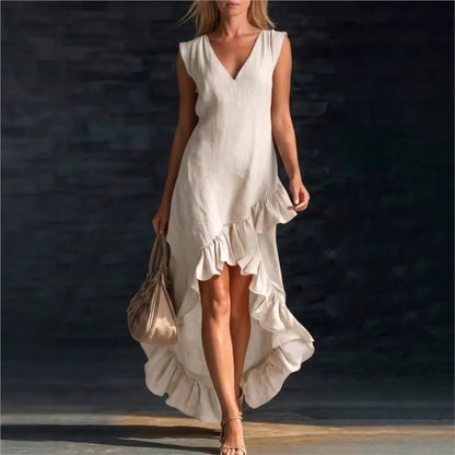 Vestido Largo Asimétrico Chic | Escote V · Volantes · Sin Mangas