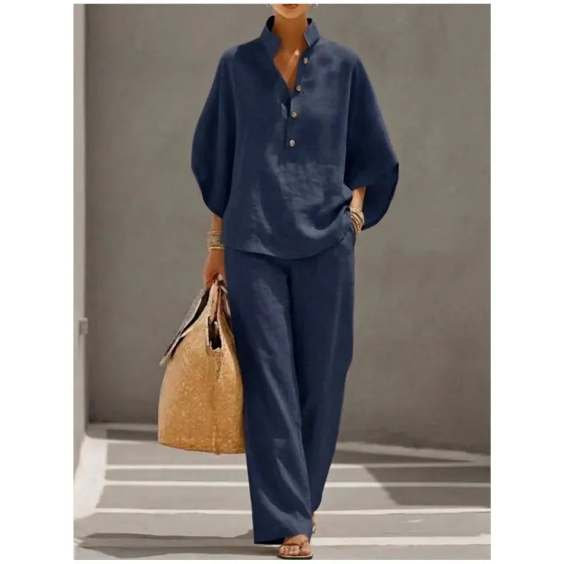 Conjunto Elegante Office | Top Cuello Mao Botones + Pantalón Wide Leg Talle Alto