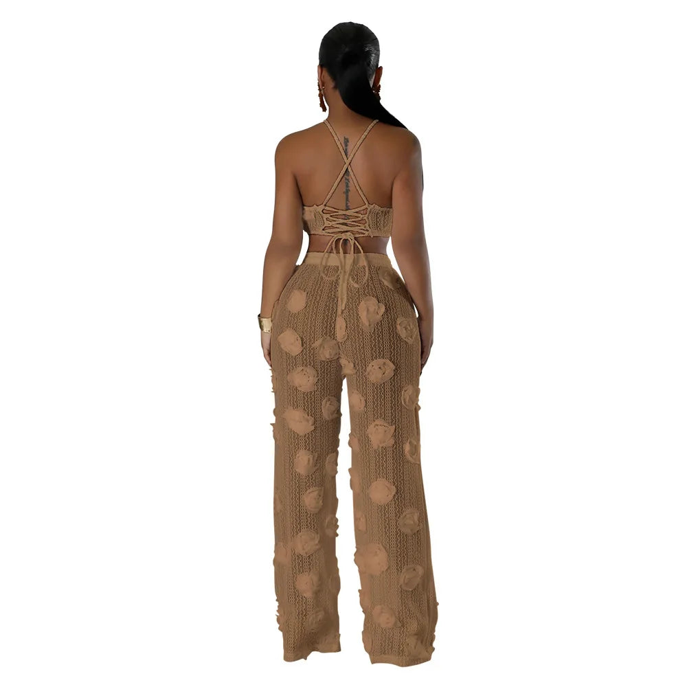 Conjunto 2 Piezas Crop Top Floral y Pantalón Wide-Leg