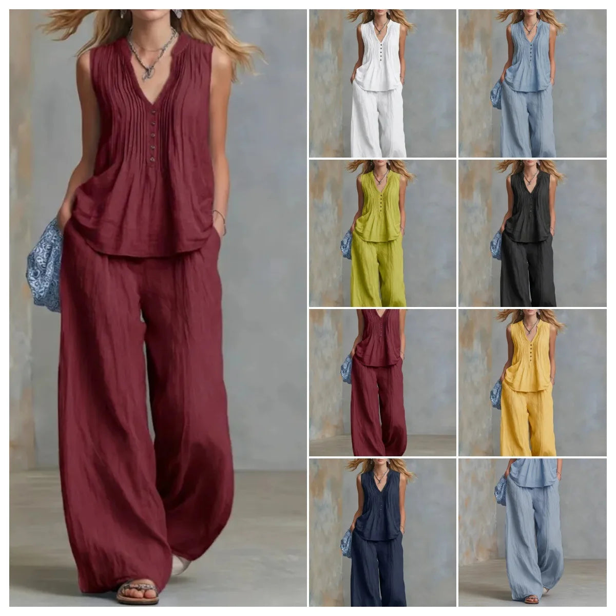 Conjunto Office Chic | Top Sin Mangas Escote V + Pantalón Wide Leg Talle Alto