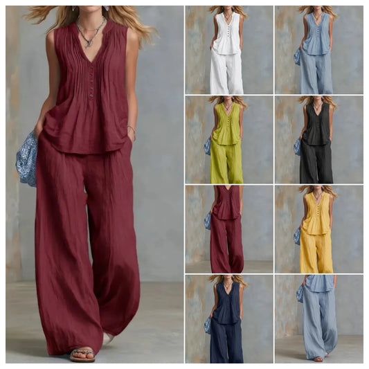 Conjunto Office Chic | Top Sin Mangas Escote V + Pantalón Wide Leg Talle Alto