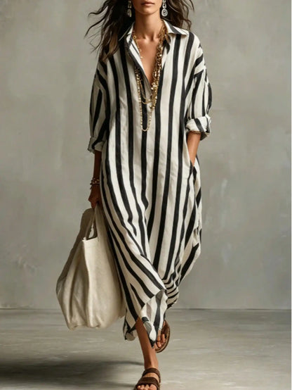Vestido Camisero Largo Rayas | Escote V · Oversize