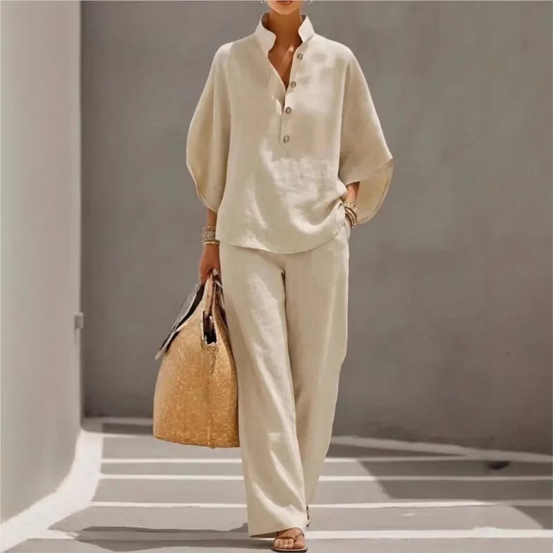 Conjunto Elegante Office | Top Cuello Mao Botones + Pantalón Wide Leg Talle Alto