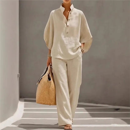 Conjunto Elegante Office | Top Cuello Mao Botones + Pantalón Wide Leg Talle Alto