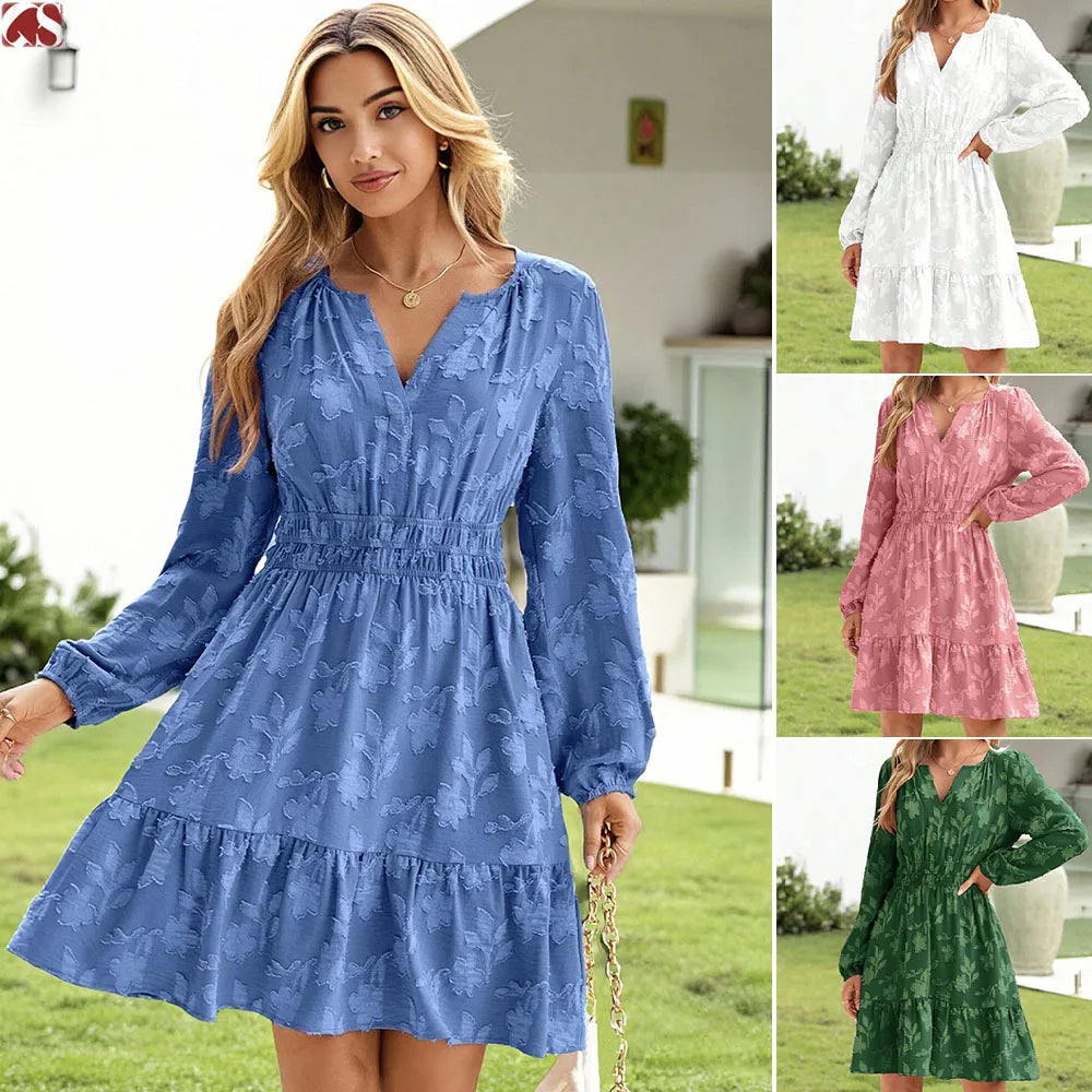 Böhmisches elegantes Jacquard-Minikleid Damen Sommer Mode V-Ausschnitt Langarm Design Kleider Damen Hohe Taille A-Linie Vestidos