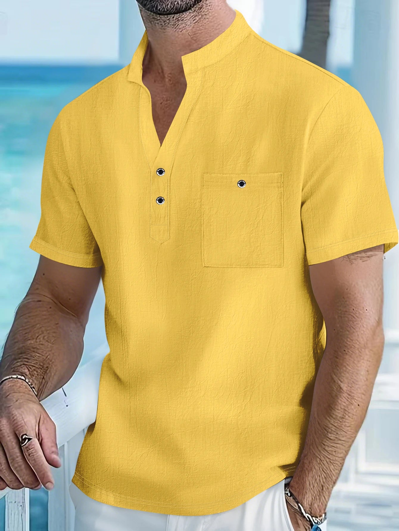 Camisa Hombre Manga Corta | Algodón Lino · Cuello Mao · Casual Outdoor